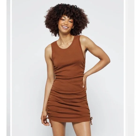 NWT Good American Ruched Tank Dress Brown Tortoise Shell Organic Cotton Size 4 - Picture 2 of 5